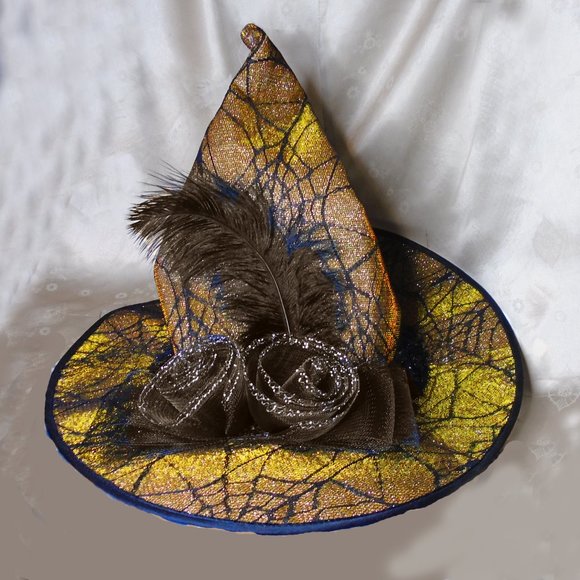 Couture Glamour Witch Hat for Costume, Gold Lame, Spider Web Lace, Feather - Picture 2 of 11